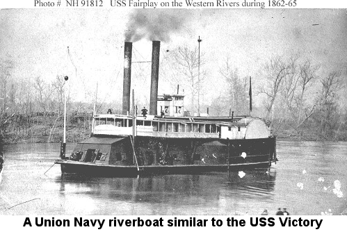 Black and white photograph of a stern-wheel river paddleboat with two tall smokestacks and armor plating on the lower decks; captions read: 'Photo # NH91812 USS Fairplay on the Western Rivers during 1862-65' and 'A Union Navy riverboat similar to the USS Victory'